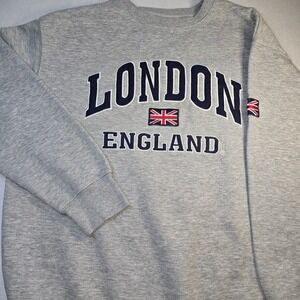 London England Sweatshirt 2XL Grey Crewneck Union Jack Embroidered GWCC XXL 26"